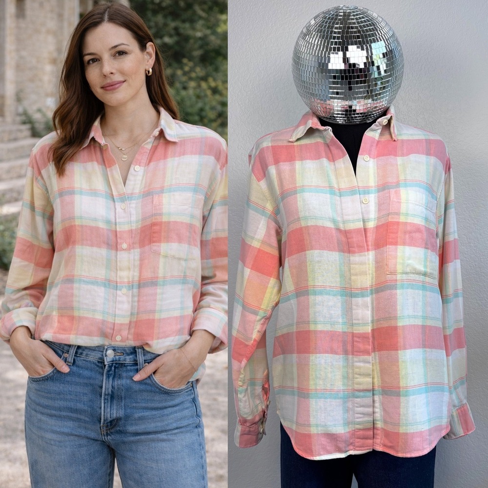 Diane von Furstenberg Vintage 80s Pastel Plaid Cotton Button Down Shirt, Medium